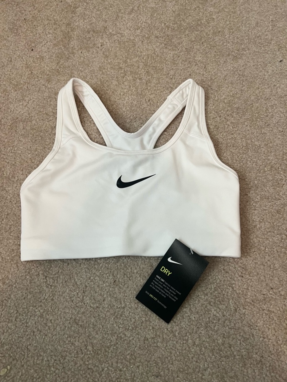 Nike White Dri-FIT Racerback Training Sports Bra with Black Swoosh Logo